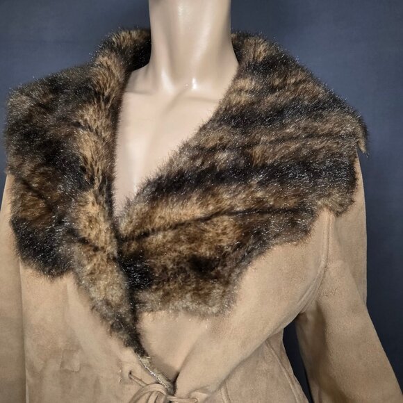 Y2K Penny Lane Coat Size M Boho Beige Faux Suede Brown Faux Fur Mid Length - Picture 2 of 13